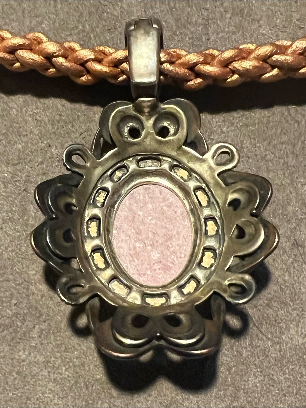 Vintage Pink Stone Pendant on Braided Tan Cord - Picture 5 of 6